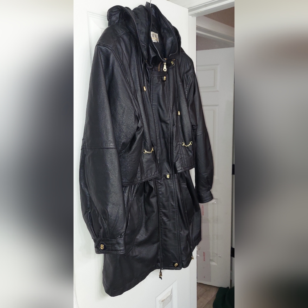 ☆VINTAGE 90's☆ Leather Hooded Midi Jacket w/ Gold Hardware Women's Size XL Coat - Picture 10 of 11